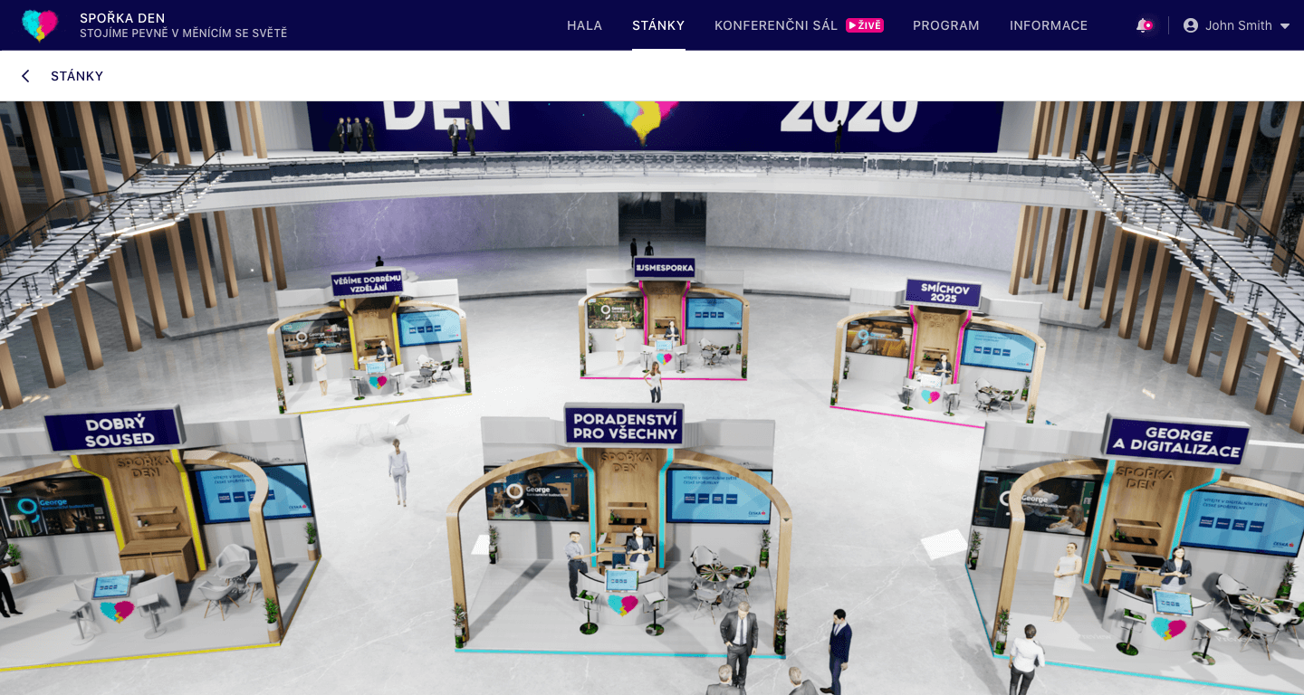 Virtual expo hall of Spořka den in Happenee, with branded stands and hall navigation