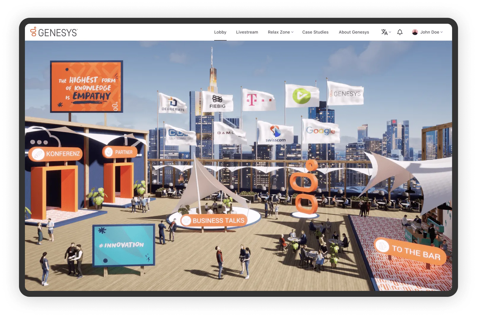 Genesys EMEA G-Summits virtual lobby in Happenee with partner flags and booths
